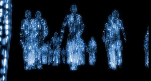 Human shapes rendered from blue, unreadable data scripts