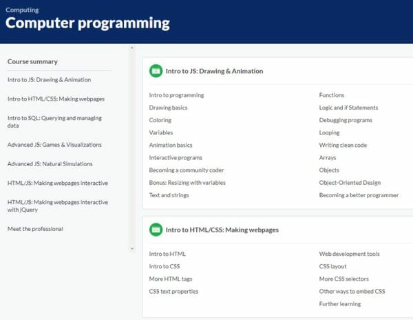Screenshot of Khan Academy computer programming courses