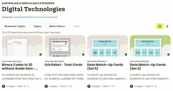 Screenshot of Teach Starter Digital Technologies resources