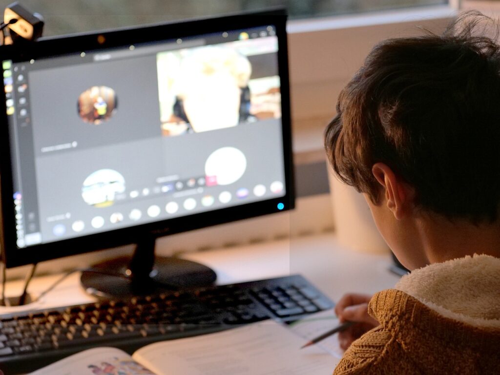 Young student in a video conference for school