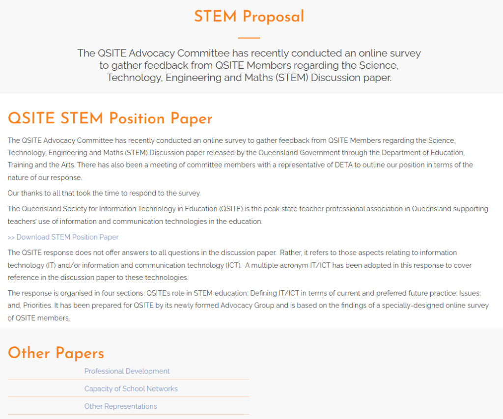 Screenshot of the the STEM Proposal about page pushed forward by the QSITE Advocacy Committee